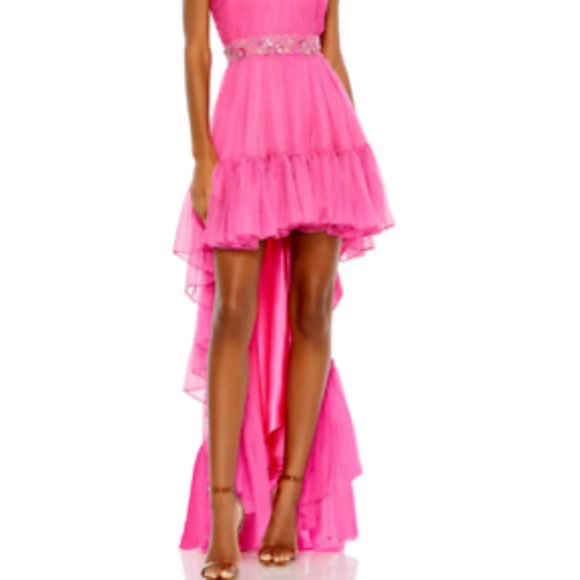 MAC DUGGAL HALTER NECK HIGH LOW CHIFFON HOT PINK GOWN sz 2 - Picture 3 of 5